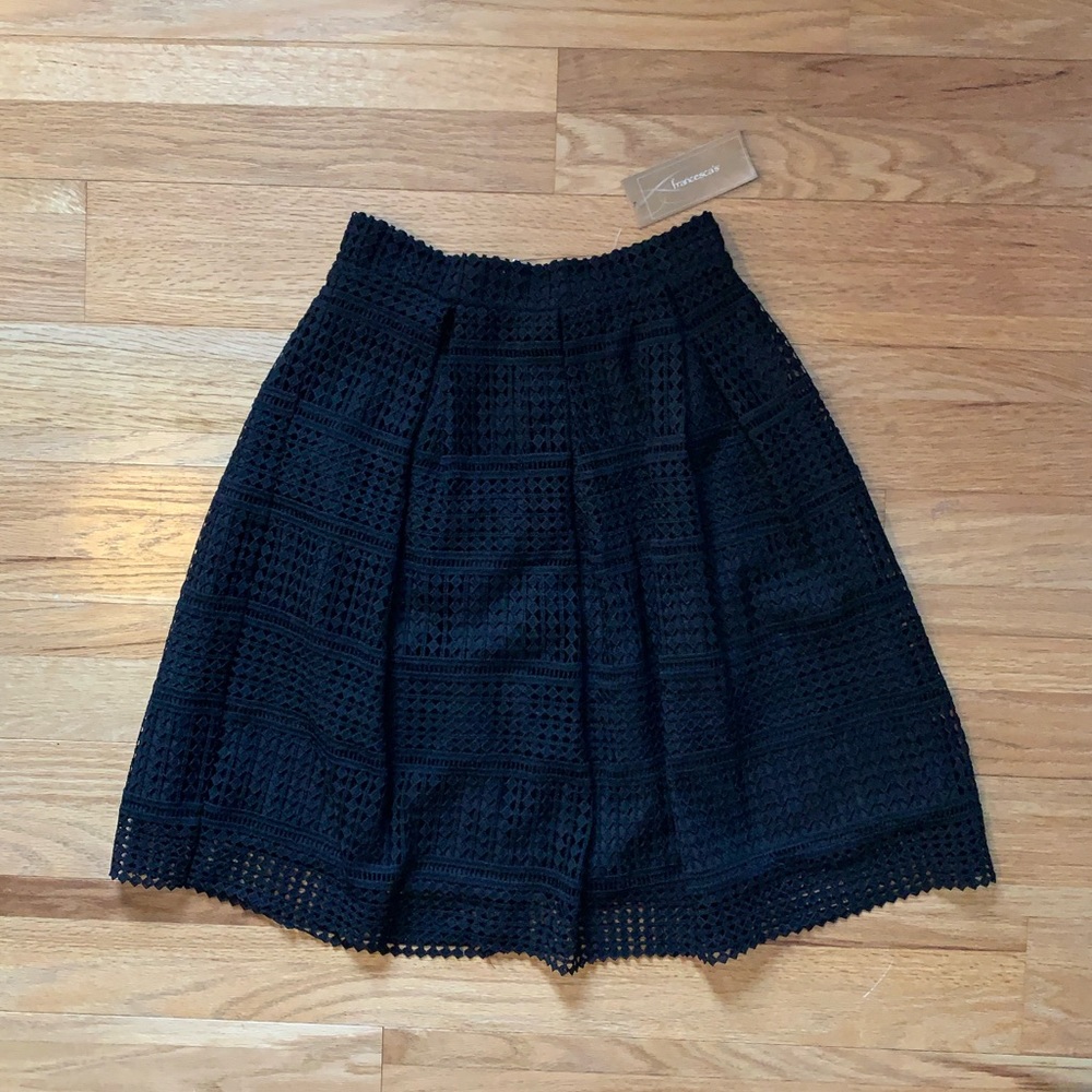 NWT - Francesca's Miami Black Pleated Lace Midi-Length Skirt. Size Small.